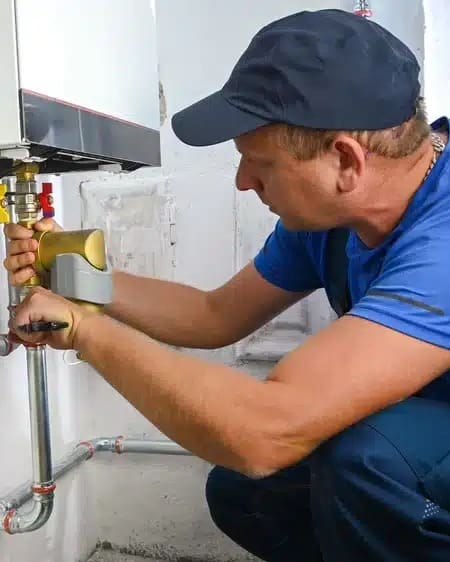 Home services technician working on residential plumbing equipment