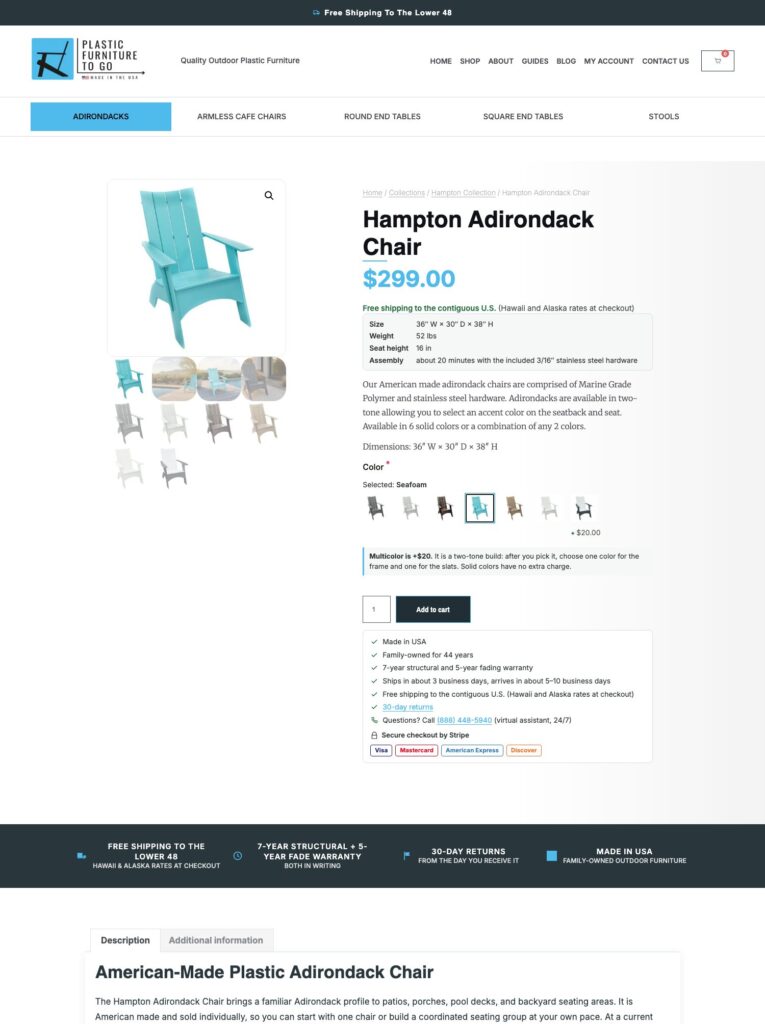 Hampton Adirondack Chair product page on Plastic Furniture To Go