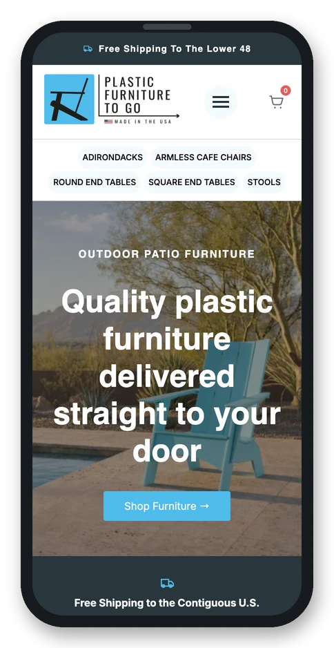 Plastic Furniture To Go homepage on a phone