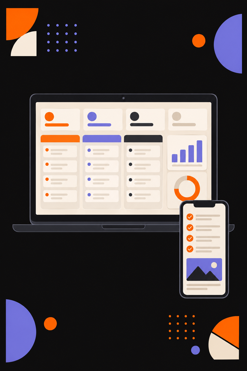 Illustration of a custom business dashboard on a laptop and a field checklist app on a phone
